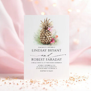 Invitation Mariage à la plage rose rose d'ananas or