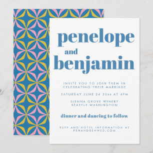 Invitation Mariage à la typographie rétro avec motif bleu mod