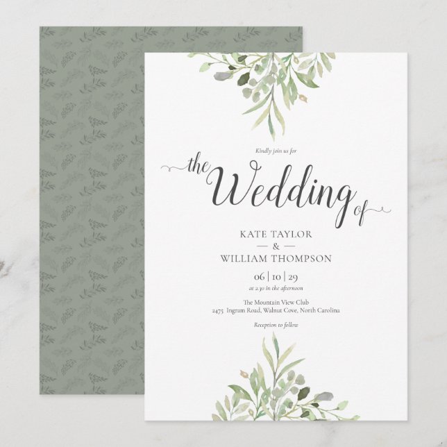 Invitation Mariage à la verdure, feuillage à l'aquarelle et é (Devant / Derrière)