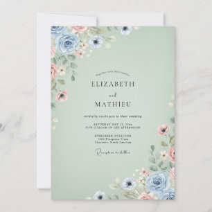 Invitation Mariage à l'Anémone Aquarelle Céladon