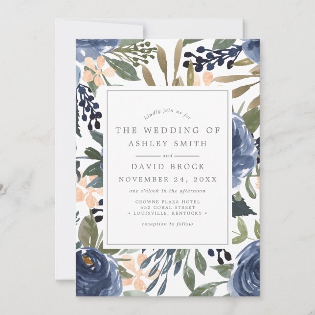 Invitation Mariage à l'aquarelle à motif floral bleu marine (Devant)