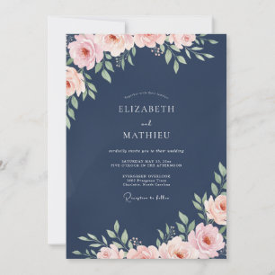 Invitation Mariage à l'aquarelle avec du pêche et du bleu mar