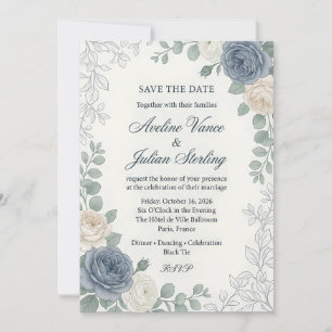Invitation Mariage à l'aquarelle Bleu Poussiéreux & Rose Crèm