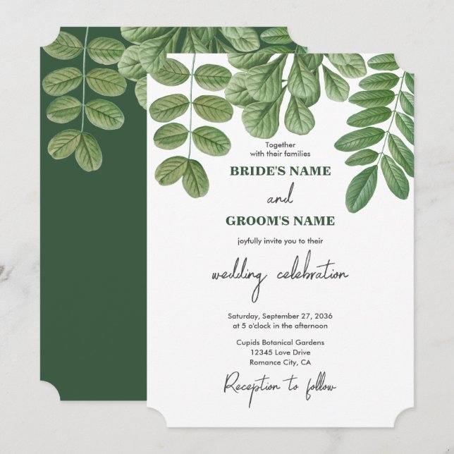 Invitation Mariage à l'aquarelle moderne de verdure vert émer (Devant / Derrière)