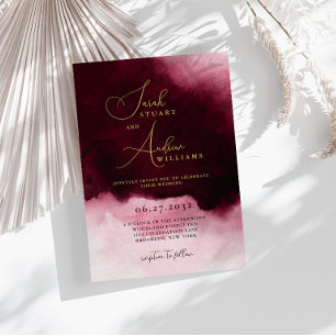 Invitation Mariage à l'aquarelle rouge vin or script humeur
