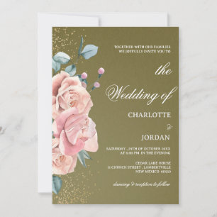 Invitation Mariage à l'aquarelle vert olive et rose blush