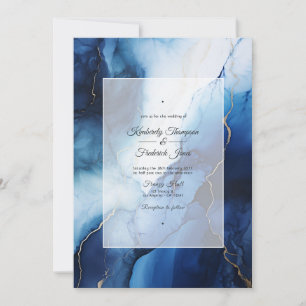 Invitation Mariage à l'encre bleu foncé, argent et blanc
