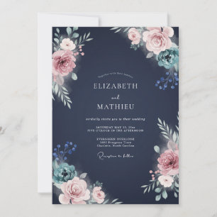 Invitation Mariage à l'eucalyptus et au ranunculus Indigo Blu