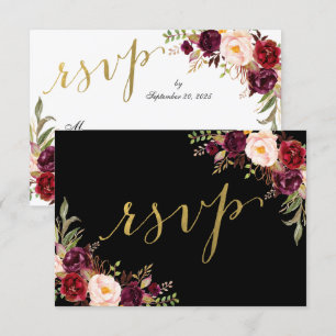 Invitation Mariage à l'huile d'or Faux Floral Bourgogne RSVP