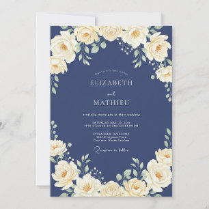 Invitation Mariage à l'indigo, crème, renoncule et eucalyptus