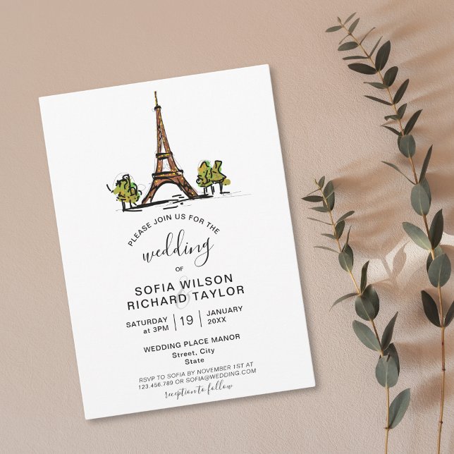 Invitation Mariage à main Destination Paris Tour Eiffel (paris Eiffel tower hand drawn doodle wedding invitation )