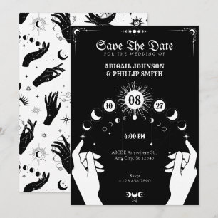Invitation Mariage à main mystique Boho Moon noir et blanc