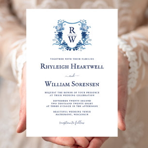 Invitation Mariage à monogramme et blason à l'aquarelle bleue