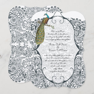 Invitation Mariage à motif de paon fantaisiste bleu marine et