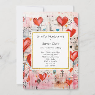 Invitation Mariage à motif fantaisiste coeurs rouges