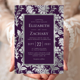 Invitation Mariage à motif floral vintage argent pourpre