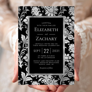 Invitation Mariage à motif floral vintage noir argenté