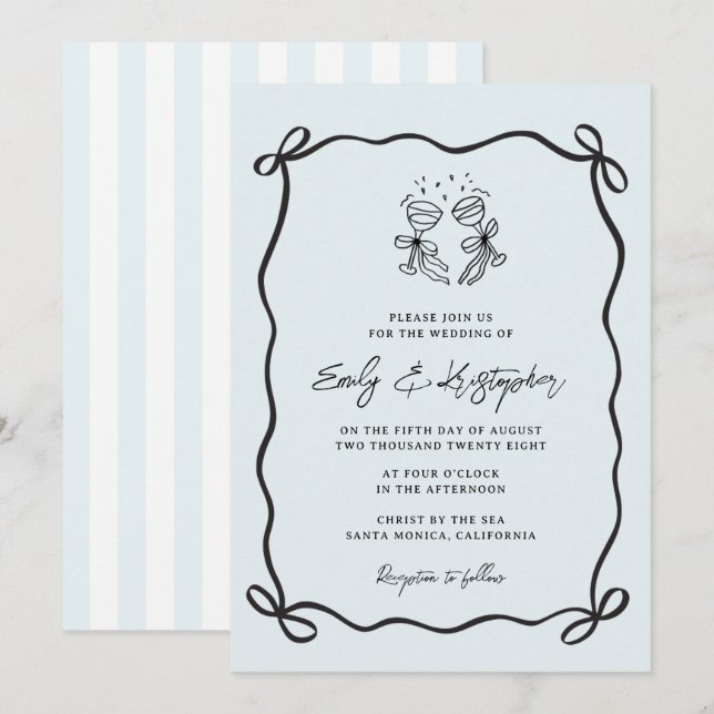 Invitation Mariage à Nœud Papillon Coquet Bleu (Devant / Derrière)