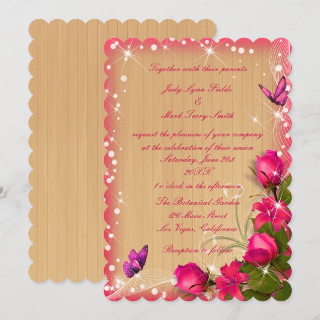 Invitation Mariage à papillon rose bois rustique (Devant / Derrière)