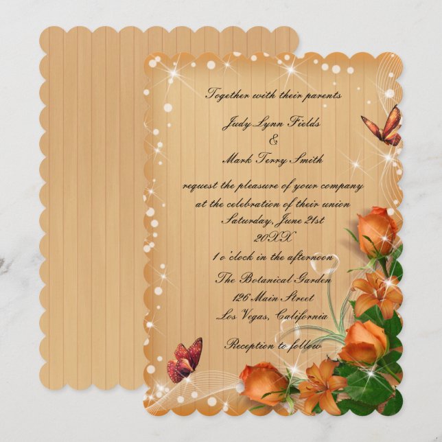 Invitation Mariage à papillons floraux en bois rustique (Devant / Derrière)
