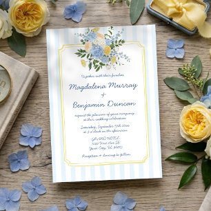 Invitation Mariage à rayures florales bleues jaunes dessinées