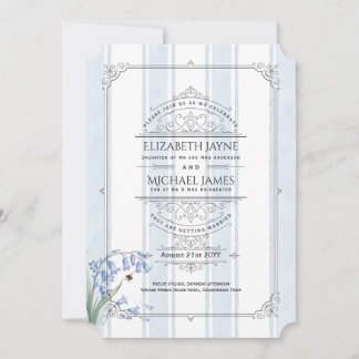 Invitation Mariage à rayures florales de bleuets et abeilles