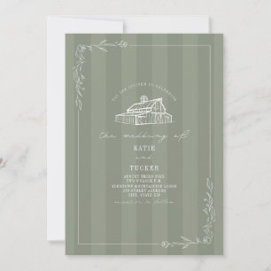 Invitation Mariage à rayures vert sauge grange rustique en li