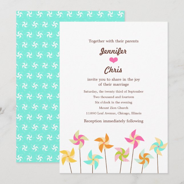 Invitation Mariage à thème Pinwheel coloré (Devant / Derrière)