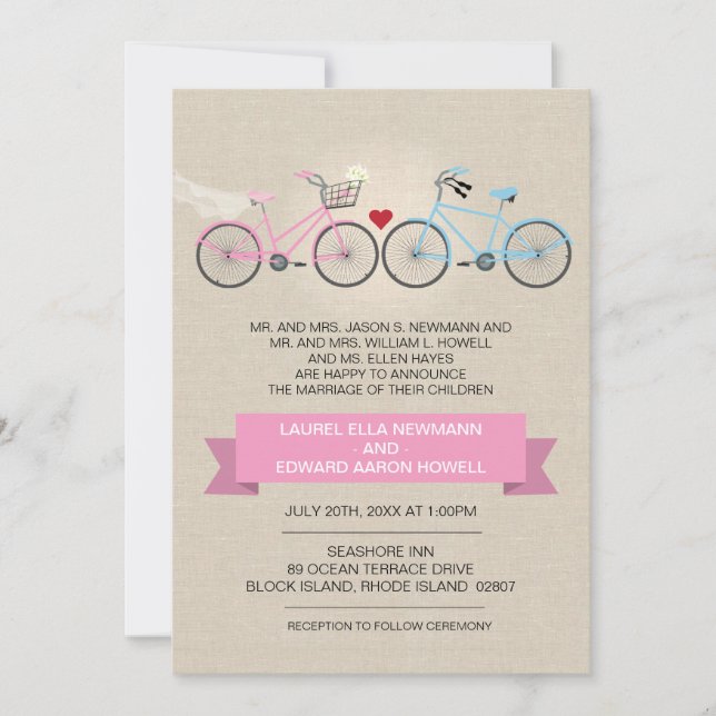 Invitation Mariage à vélo rose style lin (Devant)