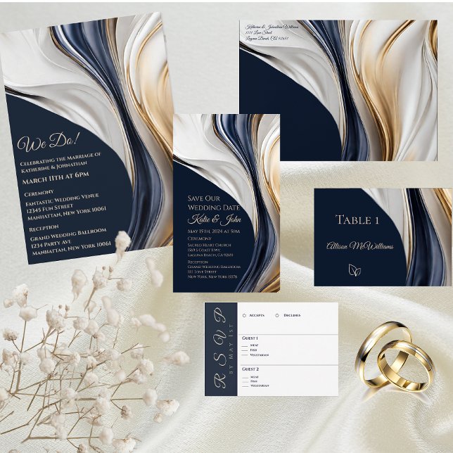 Invitation Mariage-Abstrait Fluid Art-Blue et or- (Modern Wedding Theme-Blue White and Gold)