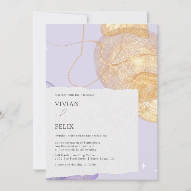 Invitation Mariage Abstrait luxueux violet et doré (Devant)