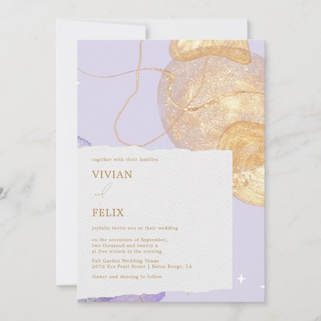Invitation Mariage Abstrait luxueux violet et doré (Devant)