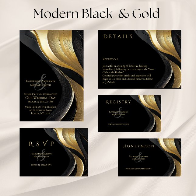Invitation Mariage Abstrait moderne noir et or élégant (Modern Black and Gold Abstract Wedding Collection)