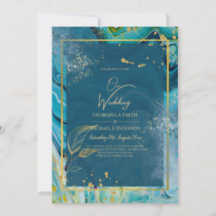 Invitation Mariage Abstrait Peacock Blue Gold
