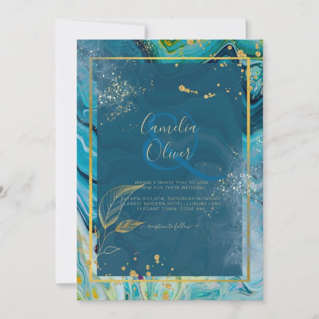 Invitation Mariage Abstrait Peacock Blue Gold (Devant)