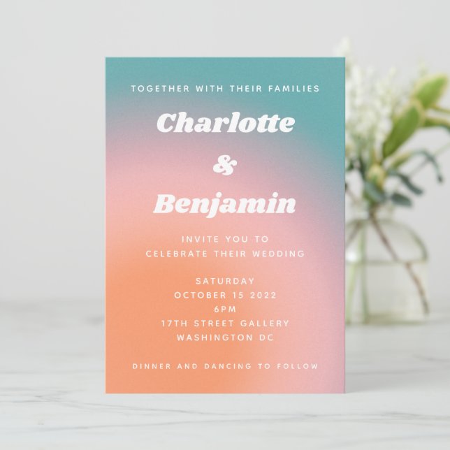 Invitation Mariage Abstrait rose Turquoise rétro (Debout devant)