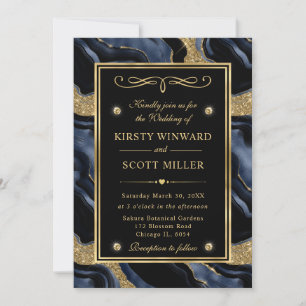 Invitation Mariage Agate avec Feuille Bleue Élégante et Paill