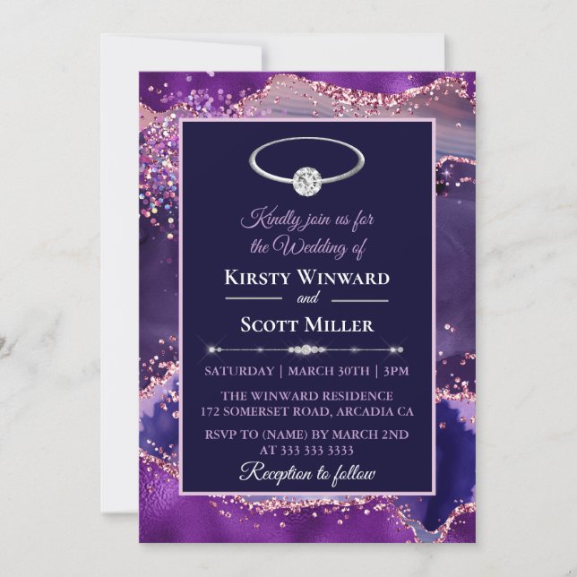 Invitation Mariage Agate de Parties scintillant rose violet (Devant)