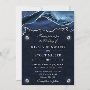 Invitation Mariage Agate Pailletée Bleue et Argentée