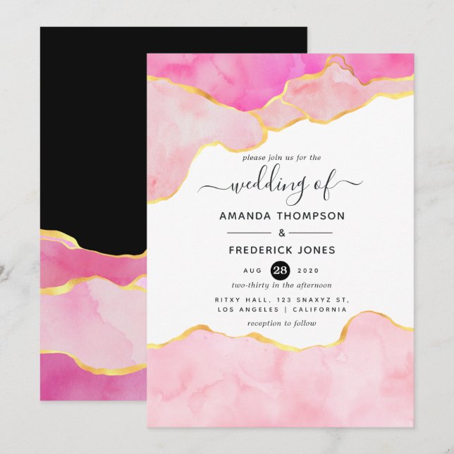 Invitation Mariage Agate Rose, Noir et Or (Devant / Derrière)