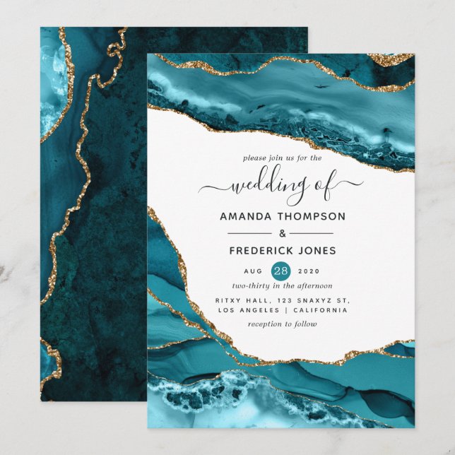 Invitation Mariage Agate Sarcelle et Or (Devant / Derrière)