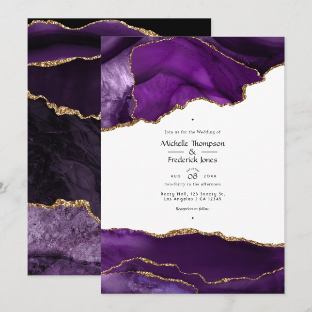 Invitation Mariage Agate Violet et Or (Devant / Derrière)