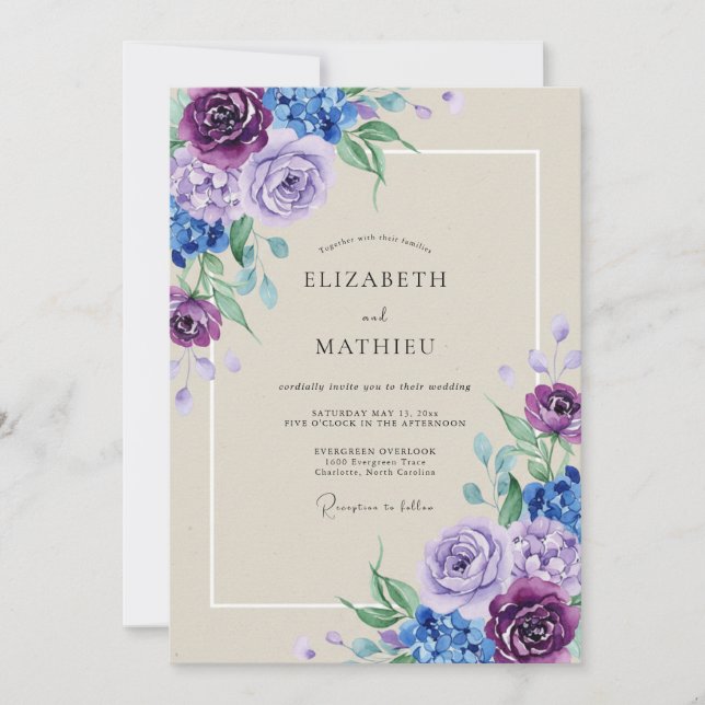 Invitation Mariage Améthyste Pérywinkle Hydrangea Eucalyptus (Devant)