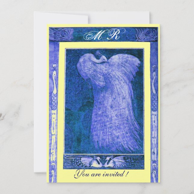 Invitation MARIAGE AMOUR PAON MONOGRAMME, bleu blanc jaune (Devant)