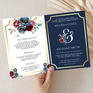 Invitation Mariage Ampersand Fleurs Bleu Nuit et Bordeaux