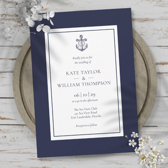 Invitation Mariage Ancre bleu et blanc de la marine nautique (Nautical Navy Blue And White Anchor Wedding Invitation)