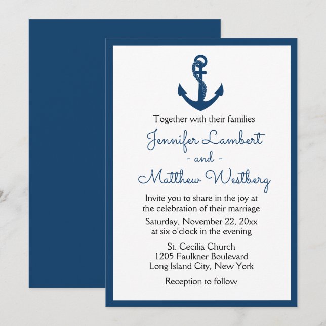 Invitation Mariage Ancre de Navire Bleu Marine Nautical Plage (Devant / Derrière)