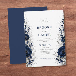 Invitation Mariage Anémone de mer Navy Paillettes Argentées M