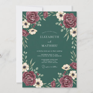 Invitation Mariage Anémone de Vin Sarcelle Profonde