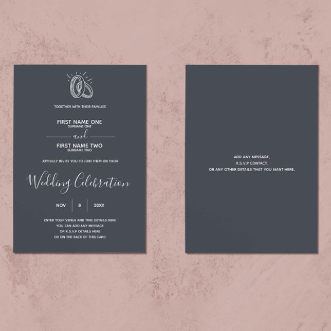 Invitation Mariage anneaux sombre arrière - plan élégant (Contemporary wedding invitation, featuring an elegant script and run drawn wedding rings)